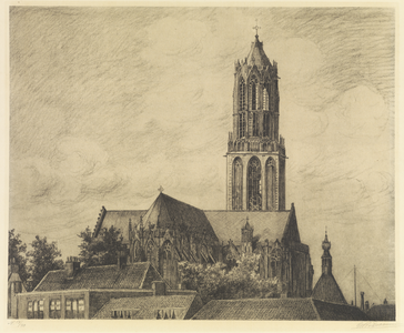 31028 Gezicht op de Domkerk en de Domtoren te Utrecht uit het noordoosten met rechts het torentje van het pand ...